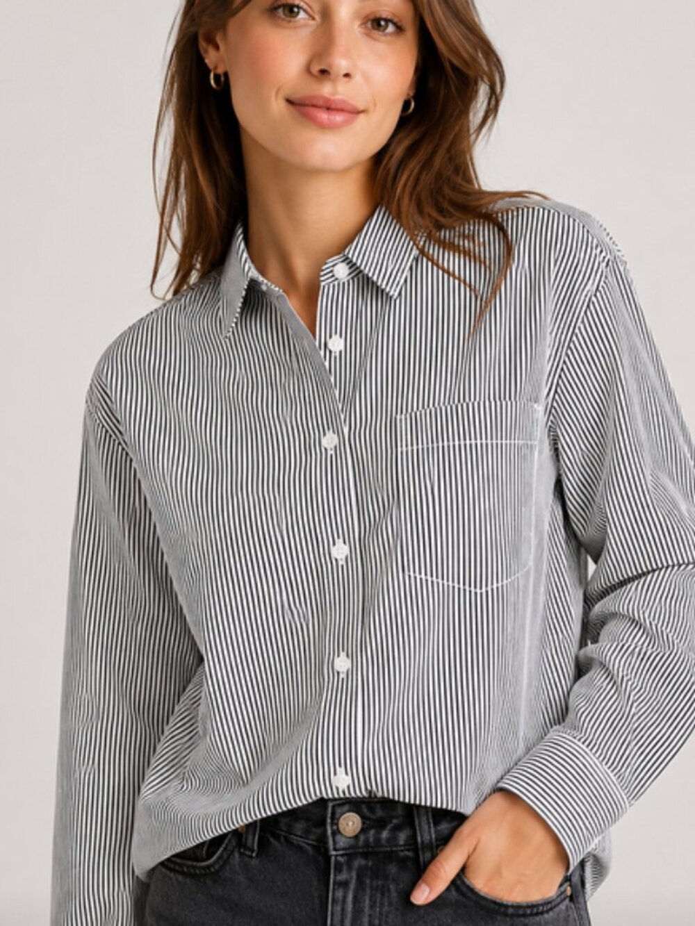 Women's Black/Charcoal & White Striped Button-Down Shirt, Size Medium